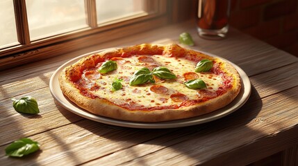 Freshly Baked Pepperoni Pizza with Basil Leaves on Wooden Table in Natural Light