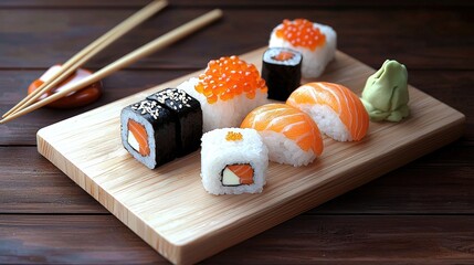 Delicious Assortment of Sushi Rolls on Wooden Board with Chopsticks and Wasabi