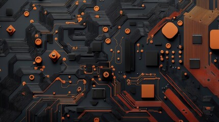 Abstract Circuit Board Design with Black Background and Orange Elements for Technology