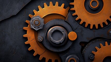 Intricate Close-Up View of Vintage Gears with Rusty Orange and Dark Textures