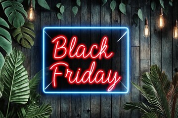 Neon Black Friday sign with tropical leaves on wooden wall