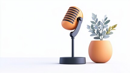 Retro microphone with orange accents and decorative plant in modern minimalist setting