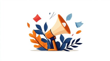 Colorful Megaphone Surrounded by Leaves and Paper Cutouts for Announcement Concept