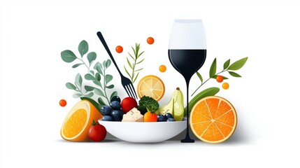 Colorful Food Arrangement with Fruits, Vegetables, Wine Glass, and Garnish Elements