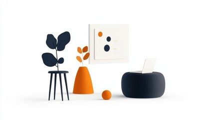 Modern Minimalist Workspace with Plants and Abstract Art Elements for Stylish Interiors