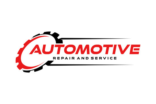 Automotive repair and service logo with dynamic gear element.