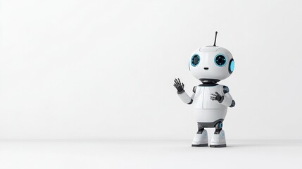 Friendly robot character with blue eyes waving on a clean white background