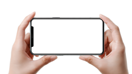 Hands holding a smartphone in landscape mode with a blank white screen on a black background image