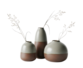 Three ceramic vases with dried stems transparent background cutout png