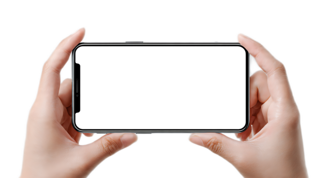 Hands holding a smartphone in landscape mode with a blank white screen on a black background image