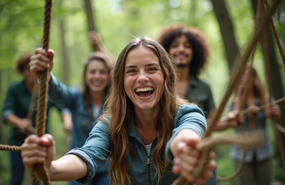 Young people holding rope, playing outdoor game in forest. Friends enjoy active team challenge together with fun and laughter in nature. Diverse group smiles during adventure.