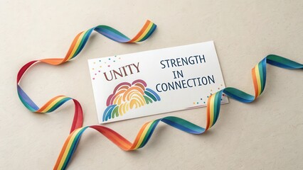 Flat lay of ribbons with Unity message on a card