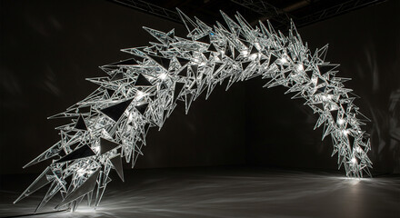 Abstract fragmented light sculpture forming a sweeping luminous arc in a dark digital space.