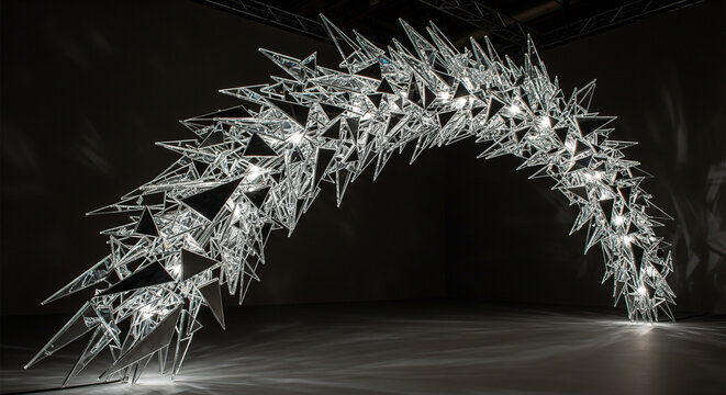 Abstract fragmented light sculpture forming a sweeping luminous arc in a dark digital space. - Powered by Adobe