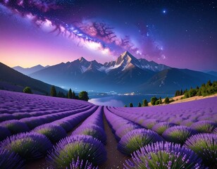 A serene landscape features lavender fields leading to a lake framed by majestic snow-capped mountains under a vibrant, starry night sky