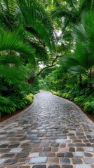 Fototapeta premium A cobblestone garden path winds through lush green trees creating a serene natural walkway bathed in dappled sunlight suggesting a tranquil escape