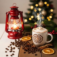 Cozy christmas morning warm beverage and festive lantern glow