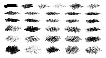 set of black ink splashes , Various pencil strokes arranged in a grid pattern vector design © Zunair