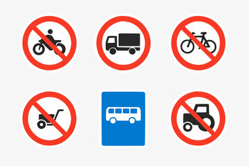 Flat Vector Icon Set of 6 Vehicle Specific Entry Prohibition Signs. Trucks, Motorcycles, Bicycles Rules Collection.