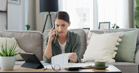 Stress, woman and documents with phone call in home for enquiry, financial debt and payment error....