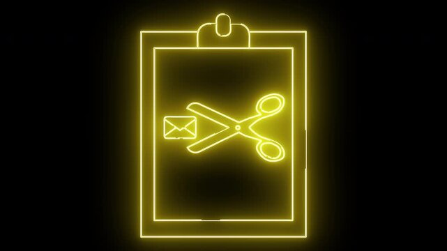 A glowing yellow outline shows a clipboard mail icon and scissors set against a black background