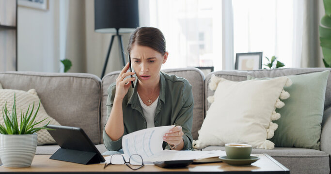 Stress, woman and documents with phone call in home for enquiry, financial debt and payment error. Confused, person and paperwork with mobile to contact bank, finance issues and concern for expenses