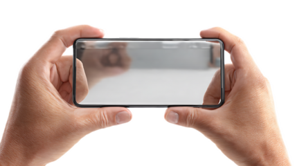 Hands holding a horizontal smartphone with a blank screen for mock up or product display usage purpose
