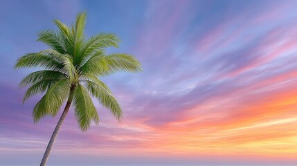 A Tall Palm Tree Silhouetted Against a Vibrant Sunset Sky with Pink Orange and Blue Hues