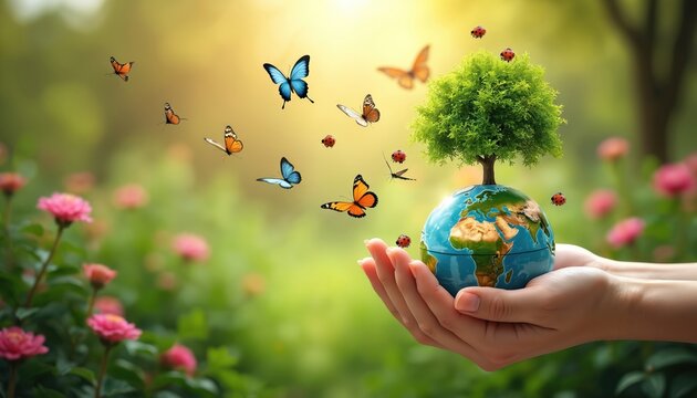 Hands hold globe with green tree, butterflies, ladybugs in garden. Eco awareness, nature protection, sustainability. Represents Earth Day, biodiversity, climate change solutions, organic lifestyle,