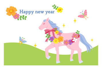 Vector illustration of a horse decorated with flowers and ribbons for New Year 2026 greeting card