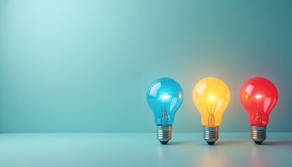 Three colorful light bulbs glow brightly in row. Blue, yellow, red lamps symbolize creativity, diverse ideas. Concept for innovation, problem solving, different thinking. Business solution discovery