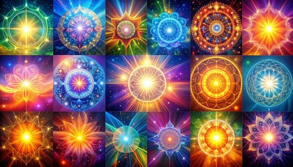 Vibrant collection of colorful abstract patterns symbolizing unity and inclusion, shimmering under soft mystical light with gentle magical energy flow,