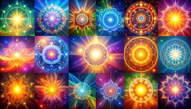 Vibrant collection of colorful abstract patterns symbolizing unity and inclusion, shimmering under soft mystical light with gentle magical energy flow,