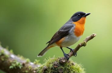 Fototapeta premium Close up shows Common Redstart posing on mossy branch. Little bird is perched in natural woodland with green backdrop. Avian creature has orange plumage. Tiny animal in forest is observing world.