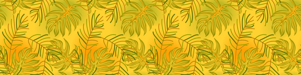 Tropical Green Leaves Seamless Border Pattern. wallpaper pattern. Monstera and Palm Fronds on Yellow Gradient. Summer Banner with Abstract Tropical Plants.
