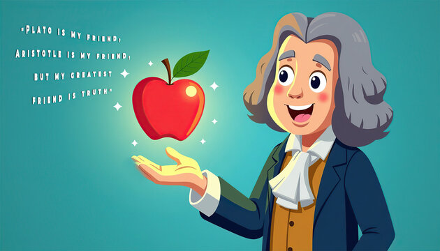 Newton Day. Cartoon illustration: a glowing apple hovering over Newton's open palm, and the famous aphorism about TRUTH 