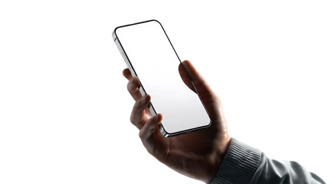 A hand holding a modern smartphone with a blank white screen against a black background in a studio