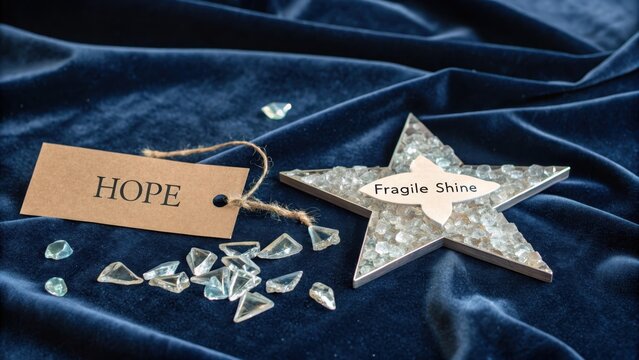 Broken glass star on blue velvet surface with hope tag