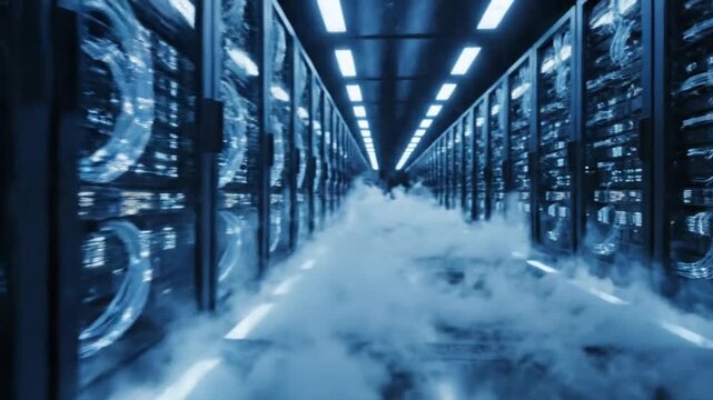 Dynamic server room with cooling system and fiber optic cables providing high speed connection, modern data center infrastructure for cloud computing and AI applications - Powered by Adobe