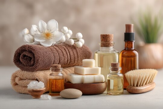 Collection of spa tools and accessories arranged for a calming treatment session at a wellness retreat
