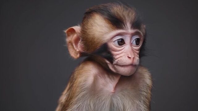 Baby monkey gazes with wide eyes. Macaque infant sits upright and still. Closeup portrait shows soft fur and expressive face. Primate gesture feels curious and cute. Small hand touches soft chest.