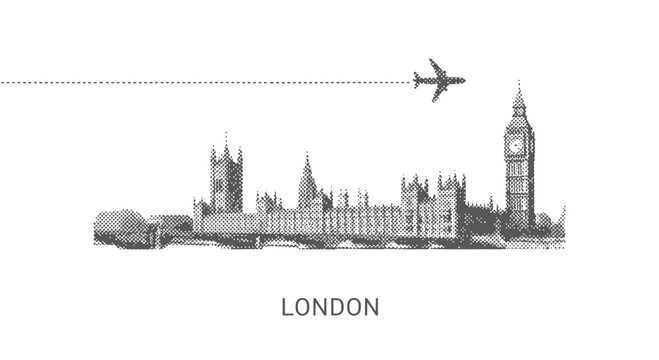 London Skyline Silhouette with Airplane and Big Ben