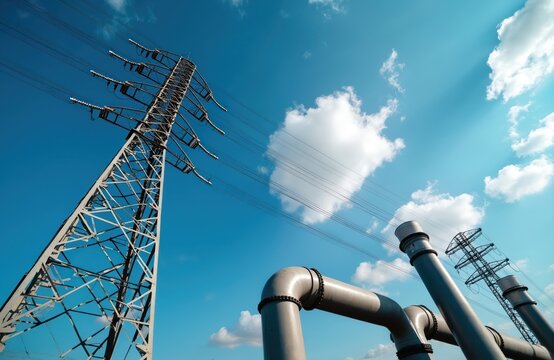 Industrial steel pipeline for gas or oil transport runs near tall metal pylon with power lines under bright blue sky with white clouds. Energy infrastructure connects supply and demand.