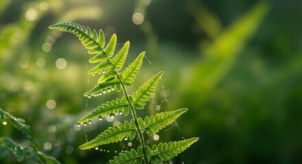 Fototapeta premium Fern Leaf with Dew Drops in Early Morning Sunlight – Serenity, Growth, and Natural Beauty