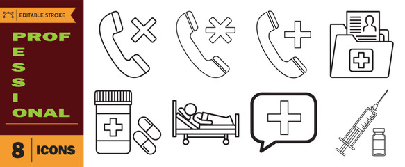 Set of 8 professional medical icons including phone calls, pills, patient bed, medical folder, syringe, and speech bubble with cross symbol
