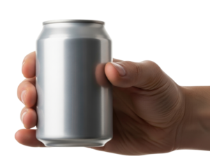 Hand holding aluminum can transparent background cutout png
