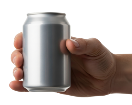 Hand holding aluminum can transparent background cutout png