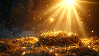 Birth of Hope: A serene depiction of the nativity scene, illuminated by a celestial light, radiating warmth and promise onto the humble manger of the baby jesus.