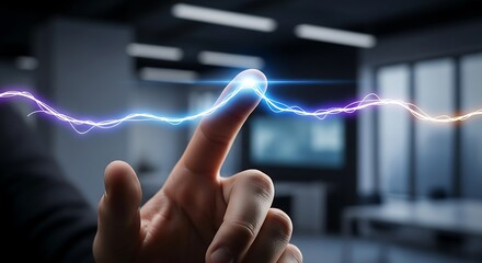 Human Finger Touching Energy Lightning in Modern Office.