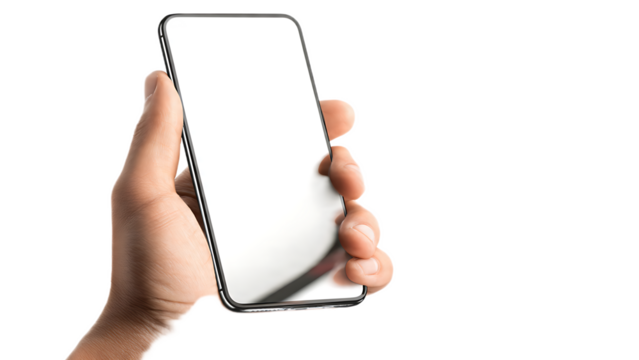 A hand holding a smartphone with a blank white screen against a black background in a studio shot